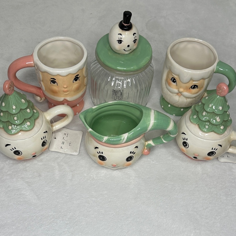Johanna Parker Christmas Mugs and Creamer Pastel Set Lot of 6